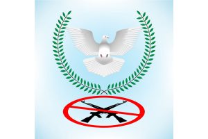 Friedenstaube und durchgestrichene Waffen