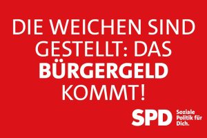 Rote Fäche mit dem Text "Das Bürgergeld kommt!"