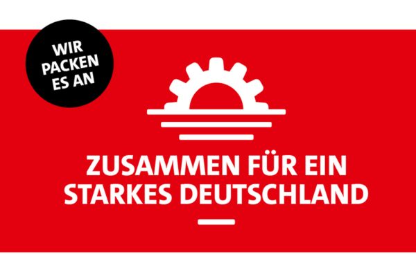 Zahnrad auf rotem Hintergrund unn der Text "Zusammen für ein starkes Deutschland"